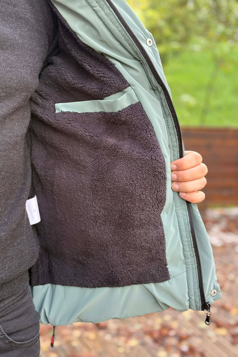 ONE COLOR FLUFFY HOODED MEN PUFFER JACKET BLUE STONE/GK - 4