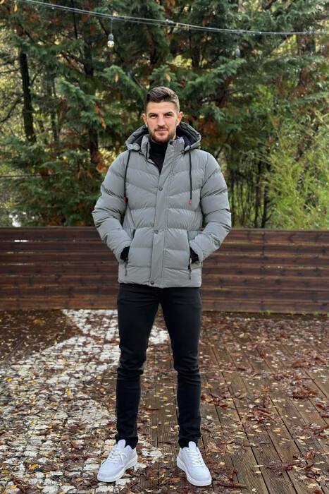 ONE COLOR FLUFFY HOODED MEN PUFFER JACKET GREY/GRI - KLAUDIO FASHION