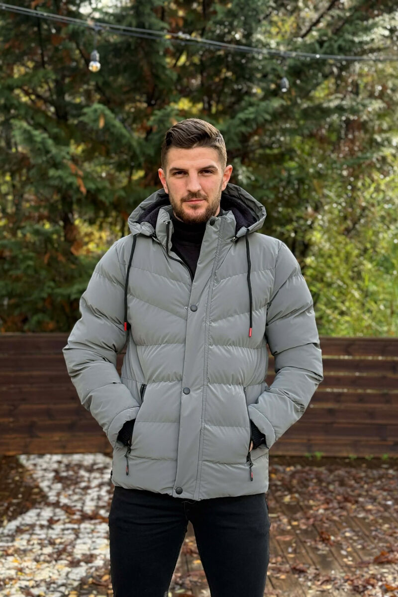 ONE COLOR FLUFFY HOODED MEN PUFFER JACKET GREY/GRI - 2