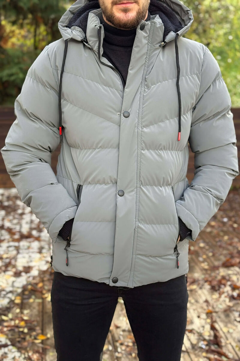 ONE COLOR FLUFFY HOODED MEN PUFFER JACKET GREY/GRI - 3