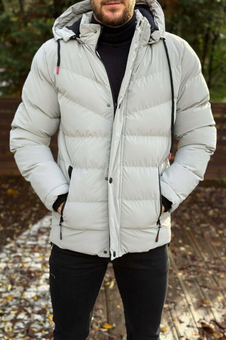 ONE COLOR FLUFFY HOODED MEN PUFFER JACKET LIGHT GREY/GZ - KLAUDIO FASHION