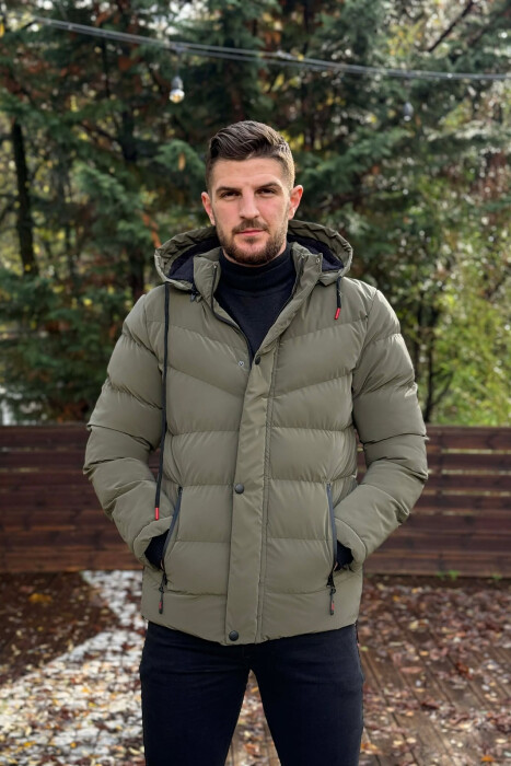 ONE COLOR FLUFFY HOODED MEN PUFFER JACKET OLIVE/ULLI - 2