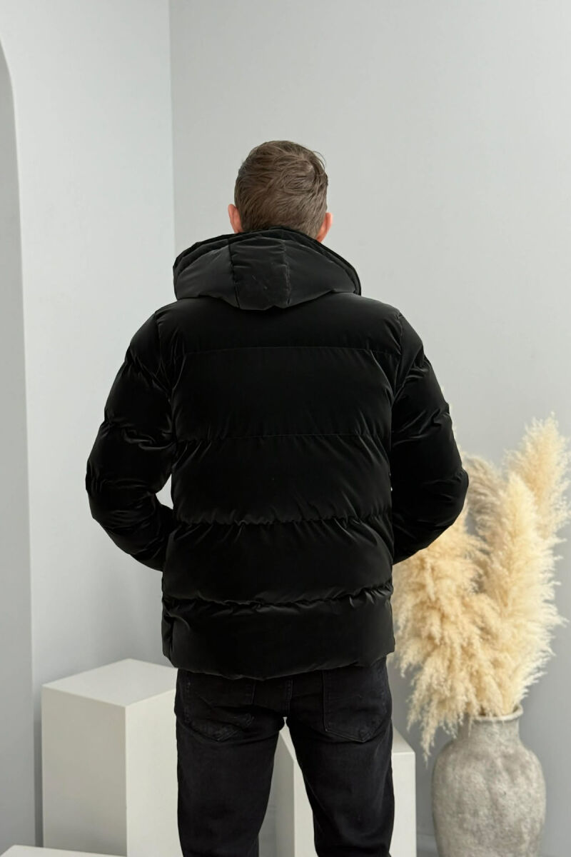 ONE COLOR FLUFFY HOODED MEN PUFFER JACKET BLACK/ E ZEZE - 3