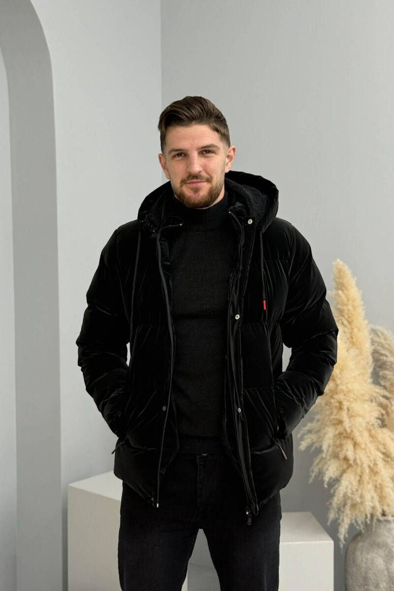 ONE COLOR FLUFFY HOODED MEN PUFFER JACKET BLACK/ E ZEZE - 5