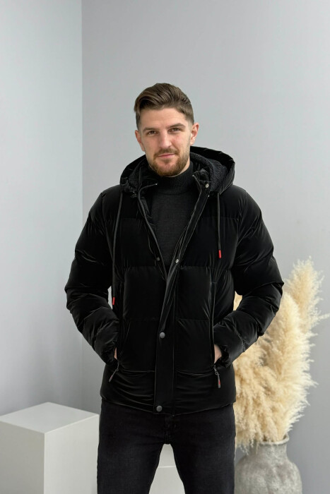 ONE COLOR FLUFFY HOODED MEN PUFFER JACKET BLACK/ E ZEZE - 7