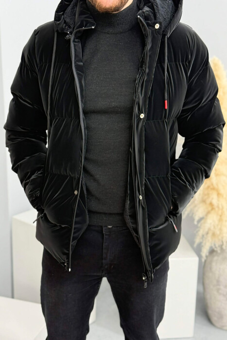 ONE COLOR FLUFFY HOODED MEN PUFFER JACKET BLACK/ E ZEZE - KLAUDIO FASHION