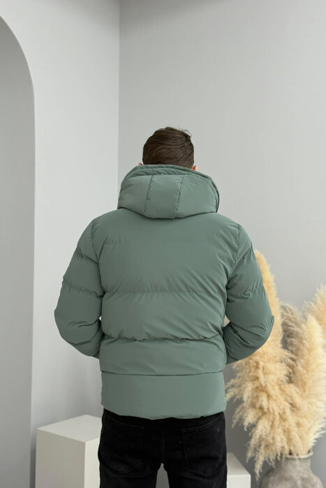 ONE COLOR FLUFFY HOODED MEN PUFFER JACKET BLUE STONE/GK - 4