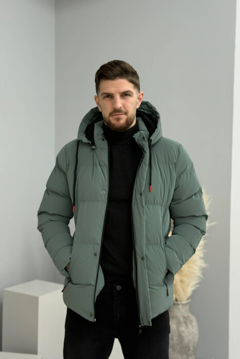 ONE COLOR FLUFFY HOODED MEN PUFFER JACKET BLUE STONE/GK - 6