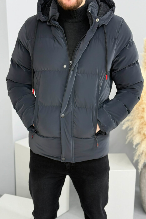 ONE COLOR FLUFFY HOODED MEN PUFFER JACKET DARK GREY/GEE - KLAUDIO FASHION