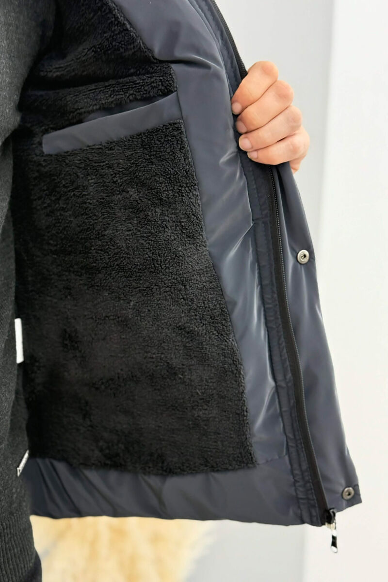 ONE COLOR FLUFFY HOODED MEN PUFFER JACKET DARK GREY/GEE - 3