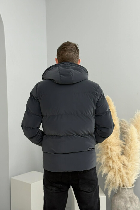 ONE COLOR FLUFFY HOODED MEN PUFFER JACKET DARK GREY/GEE - 4