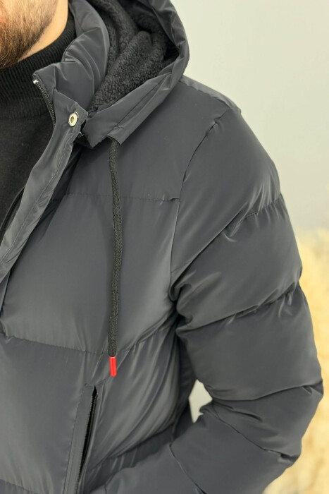 ONE COLOR FLUFFY HOODED MEN PUFFER JACKET DARK GREY/GEE - 5