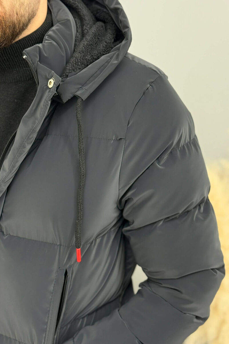 ONE COLOR FLUFFY HOODED MEN PUFFER JACKET DARK GREY/GEE - 5