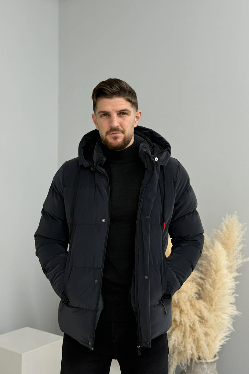 ONE COLOR FLUFFY HOODED MEN PUFFER JACKET DARK GREY/GEE - 6