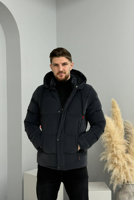 ONE COLOR FLUFFY HOODED MEN PUFFER JACKET DARK GREY/GEE - 8