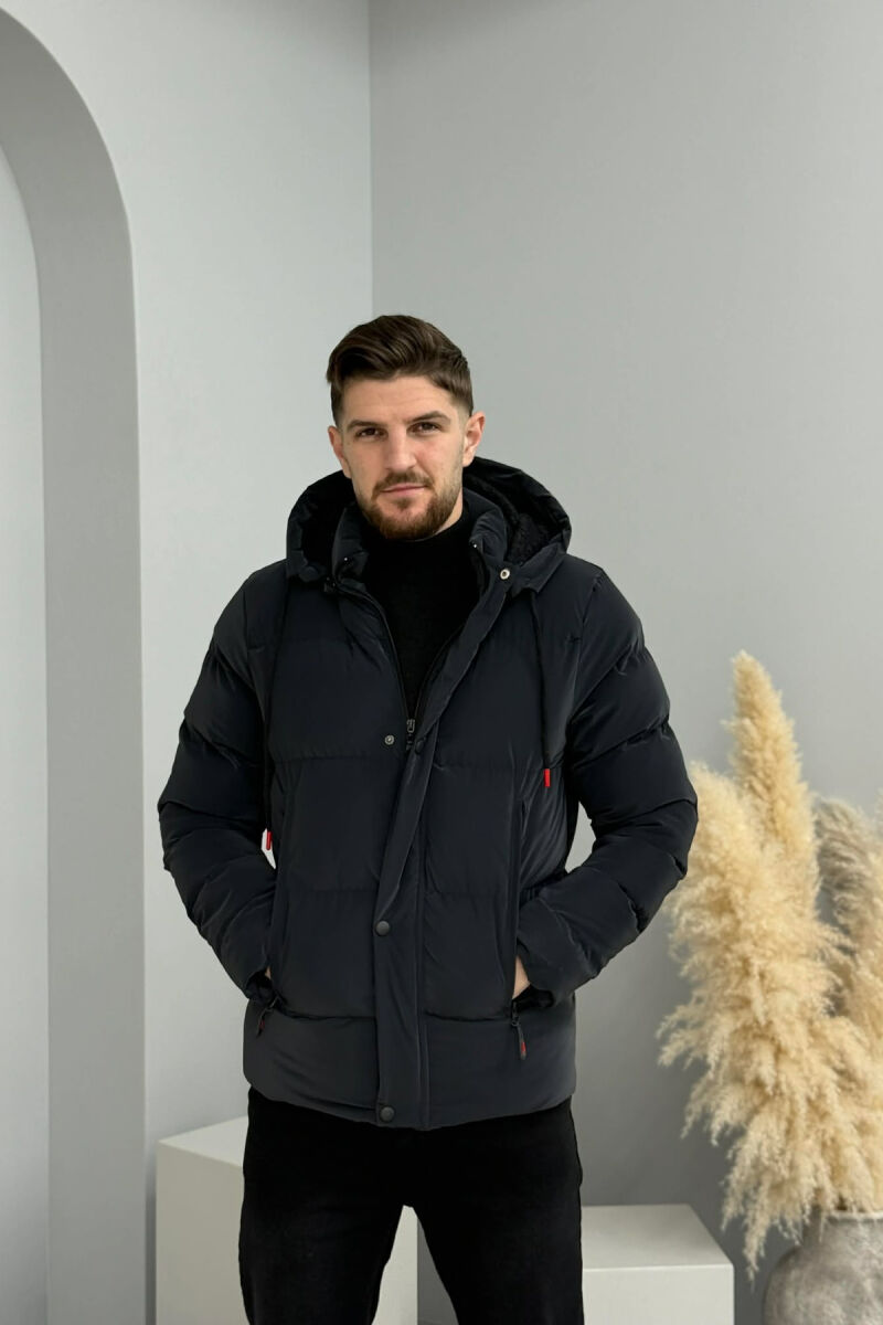 ONE COLOR FLUFFY HOODED MEN PUFFER JACKET DARK GREY/GEE - 8