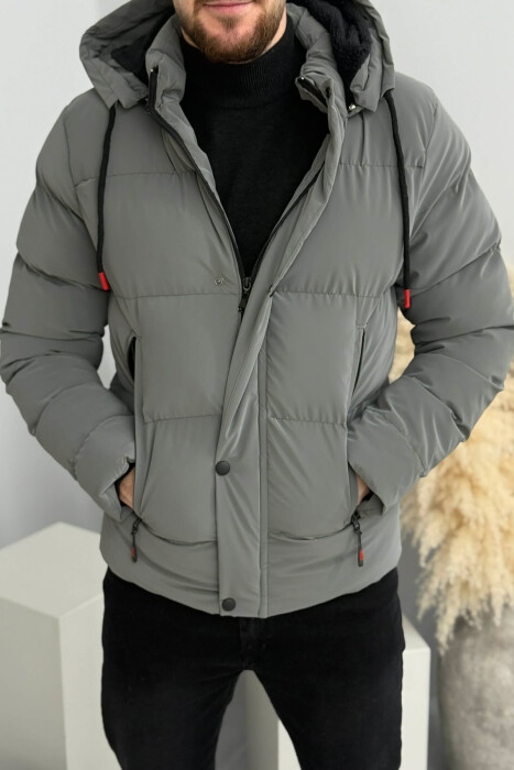ONE COLOR FLUFFY HOODED MEN PUFFER JACKET GREY ASH/GRI HIRI - KLAUDIO FASHION