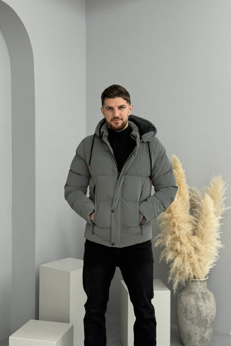 ONE COLOR FLUFFY HOODED MEN PUFFER JACKET GREY ASH/GRI HIRI - 2