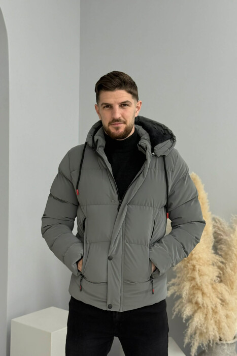 ONE COLOR FLUFFY HOODED MEN PUFFER JACKET GREY ASH/GRI HIRI - 3