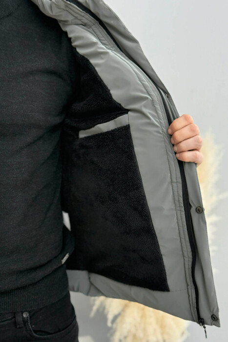 ONE COLOR FLUFFY HOODED MEN PUFFER JACKET GREY ASH/GRI HIRI - 4