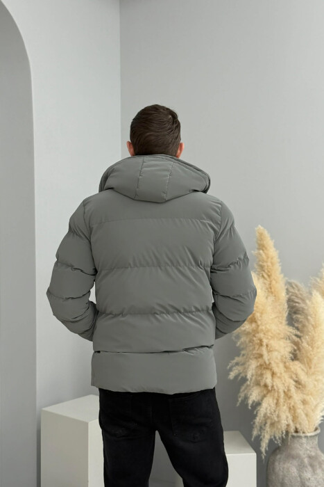 ONE COLOR FLUFFY HOODED MEN PUFFER JACKET GREY ASH/GRI HIRI - 5
