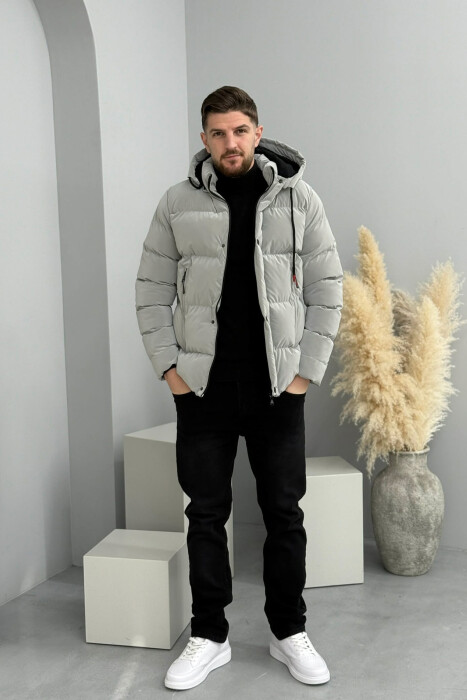 ONE COLOR FLUFFY HOODED MEN PUFFER JACKET GREY/GRI - 2