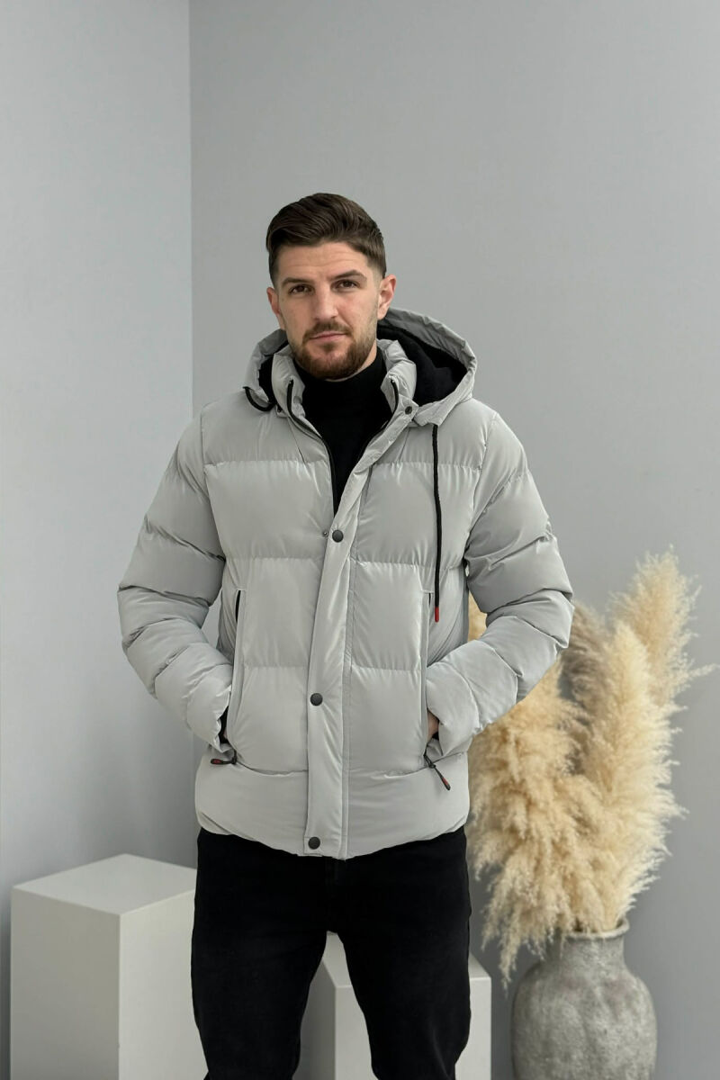 ONE COLOR FLUFFY HOODED MEN PUFFER JACKET GREY/GRI - 4