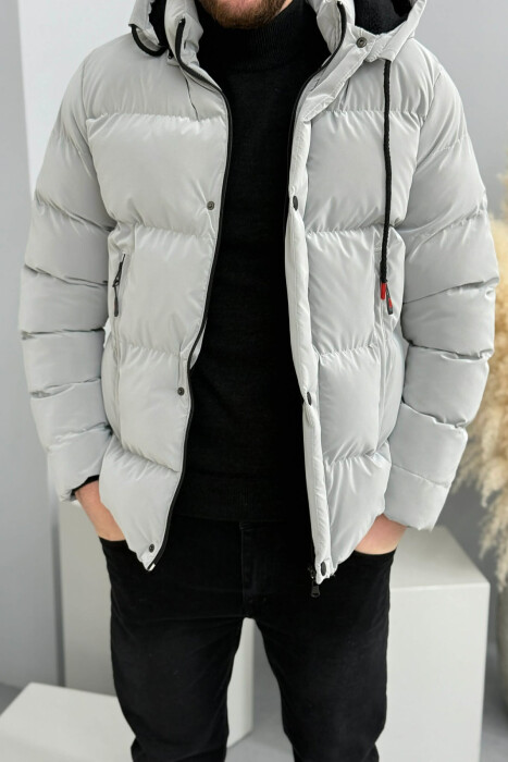 ONE COLOR FLUFFY HOODED MEN PUFFER JACKET GREY/GRI - 1
