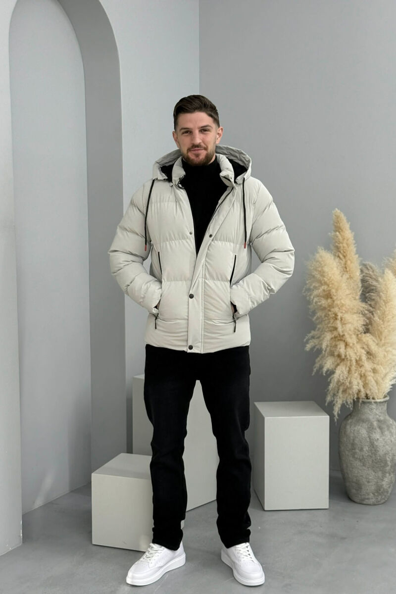 ONE COLOR FLUFFY HOODED MEN PUFFER JACKET LIGHT GREY/GZ - 2