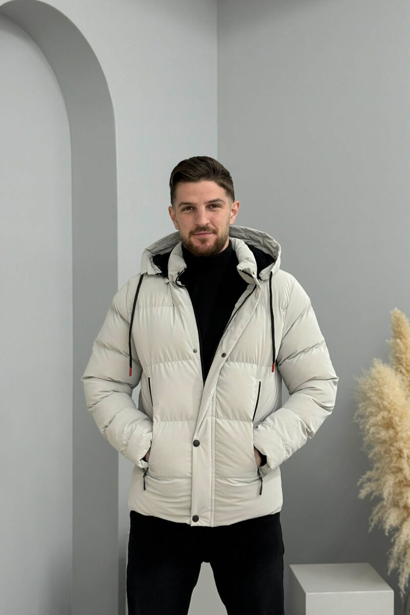 ONE COLOR FLUFFY HOODED MEN PUFFER JACKET LIGHT GREY/GZ - 3