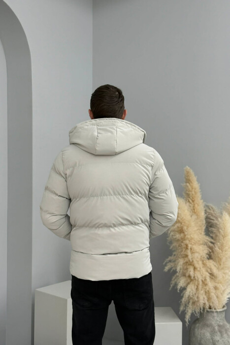 ONE COLOR FLUFFY HOODED MEN PUFFER JACKET LIGHT GREY/GZ - 4