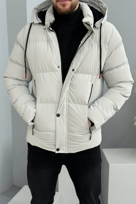 ONE COLOR FLUFFY HOODED MEN PUFFER JACKET LIGHT GREY/GZ - 5