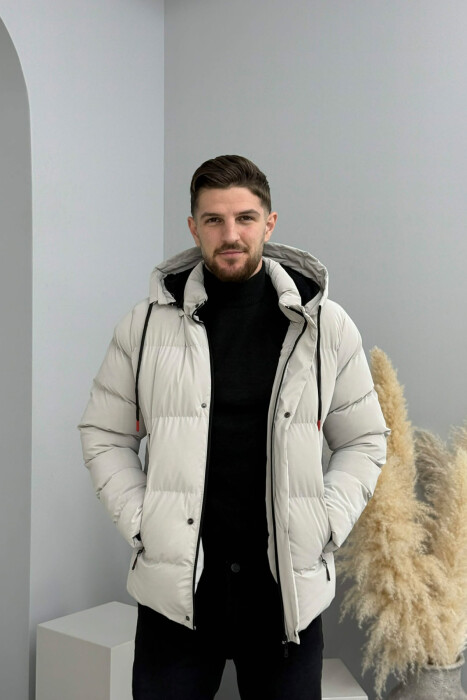 ONE COLOR FLUFFY HOODED MEN PUFFER JACKET LIGHT GREY/GZ - 6