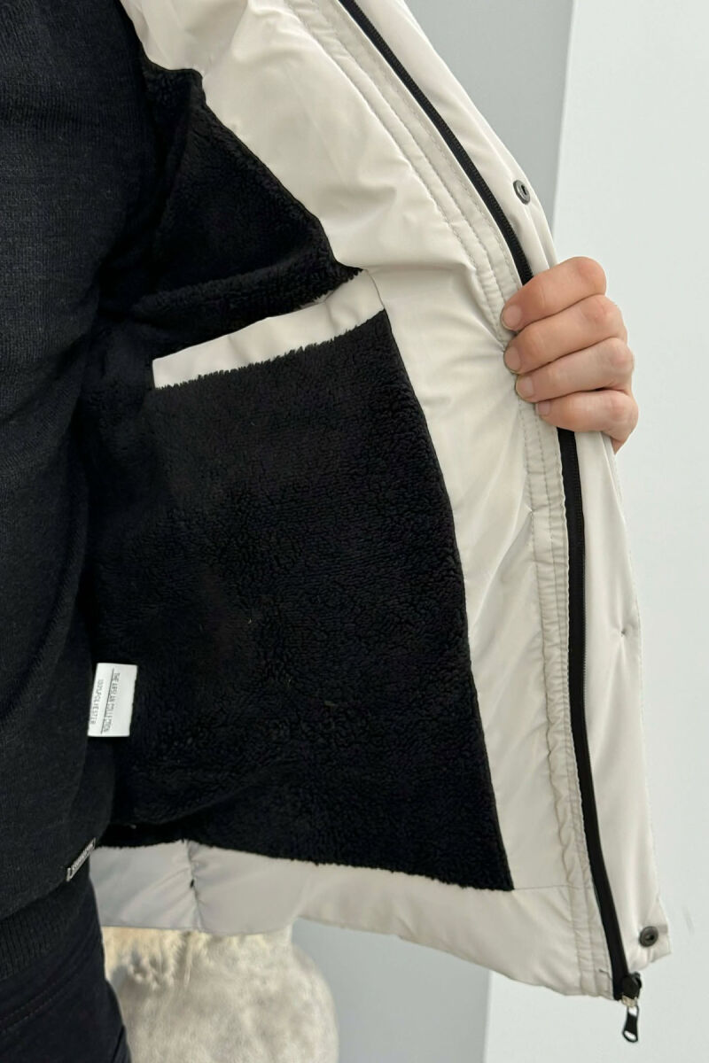 ONE COLOR FLUFFY HOODED MEN PUFFER JACKET LIGHT GREY/GZ - 7