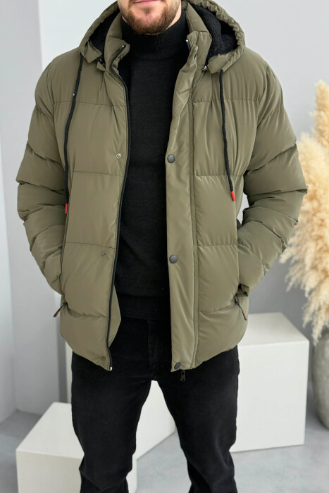 ONE COLOR FLUFFY HOODED MEN PUFFER JACKET OLIVE/ULLI - KLAUDIO FASHION