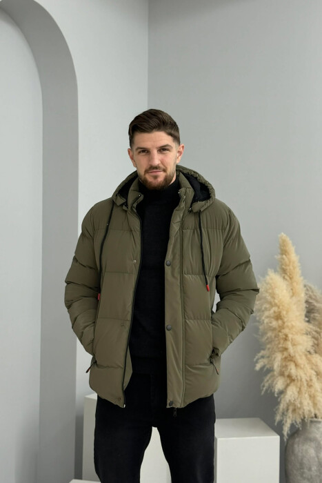 ONE COLOR FLUFFY HOODED MEN PUFFER JACKET OLIVE/ULLI - 5