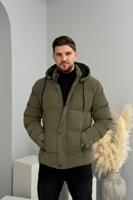 ONE COLOR FLUFFY HOODED MEN PUFFER JACKET OLIVE/ULLI - 2
