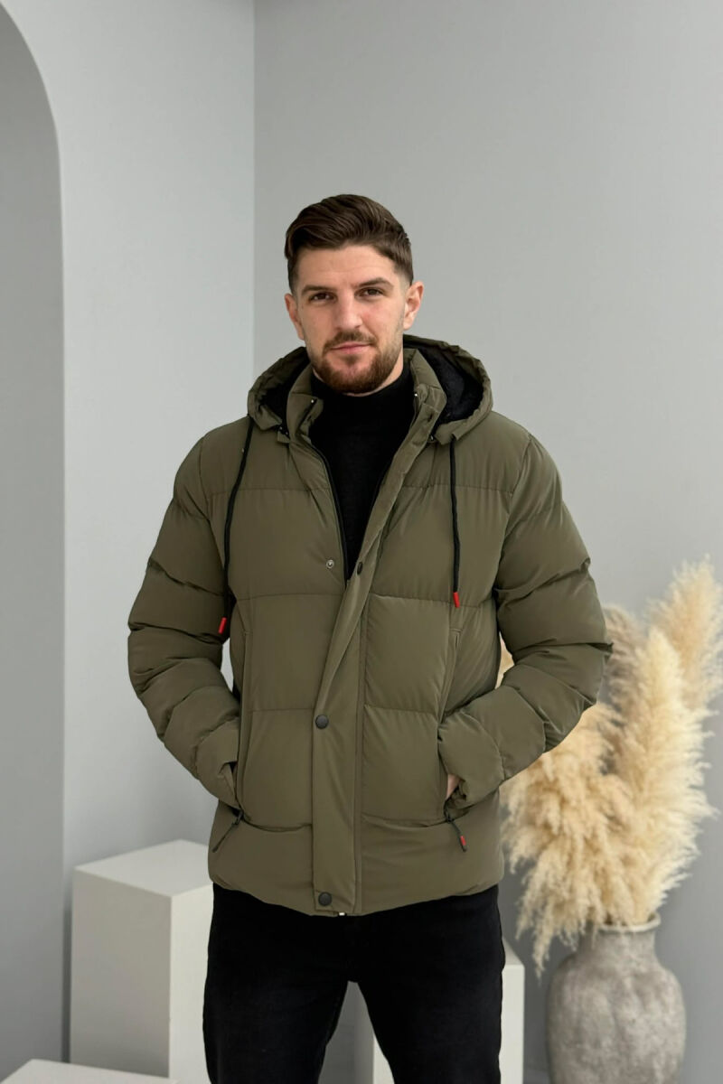 ONE COLOR FLUFFY HOODED MEN PUFFER JACKET OLIVE/ULLI - 2