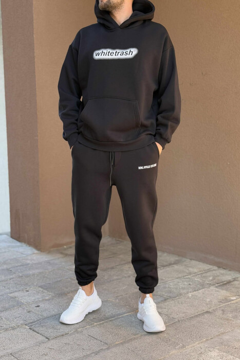 ONE COLOR FLUFFY HOODIE+JOGGERS MEN SET BLACK/ E ZEZE - 1