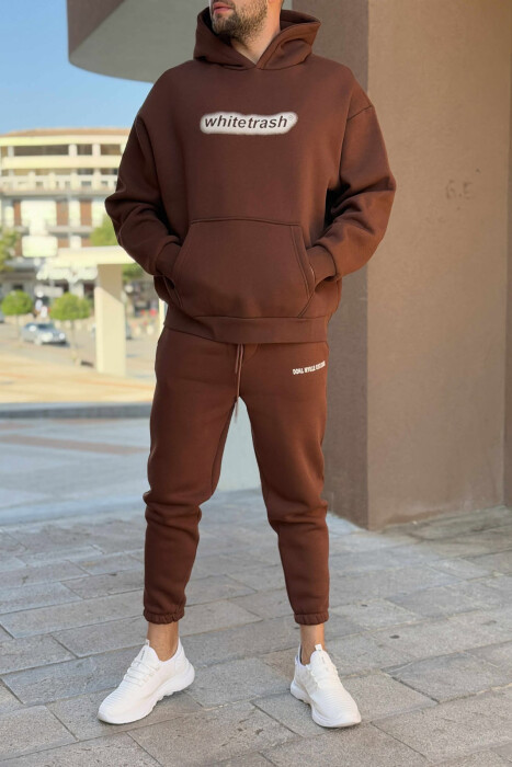 SET NJË NGJYRËSH ME PUSH HOODIE+TUTA PËR MESHKUJ NË NGJYRË KAFE - KLAUDIO FASHION