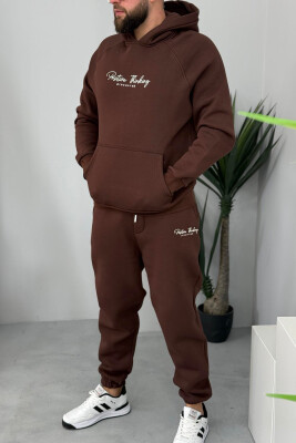 ONE COLOR FLUFFY HOODIE+JOGGERS MEN SET BROWN/KAFE 