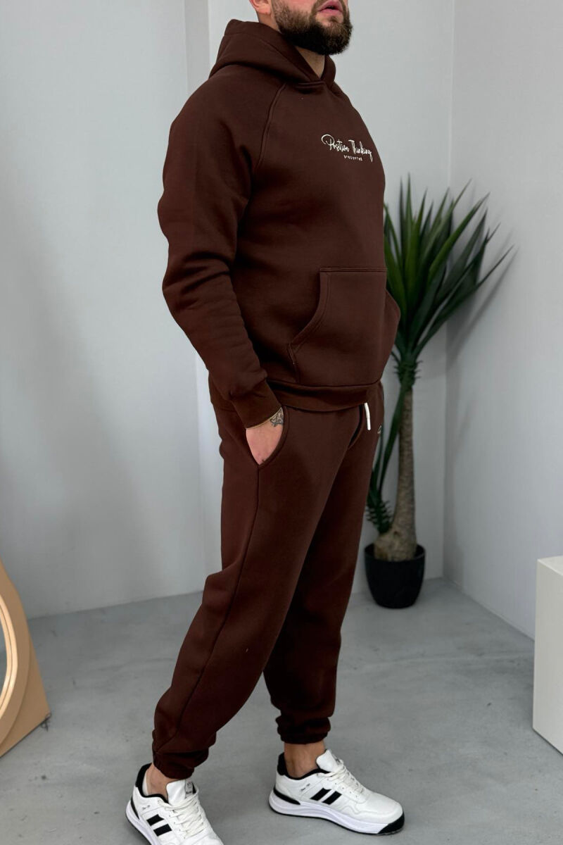 ONE COLOR FLUFFY HOODIE+JOGGERS MEN SET BROWN/KAFE - 2