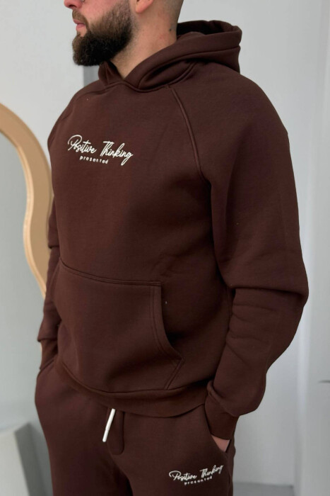 ONE COLOR FLUFFY HOODIE+JOGGERS MEN SET BROWN/KAFE - 3