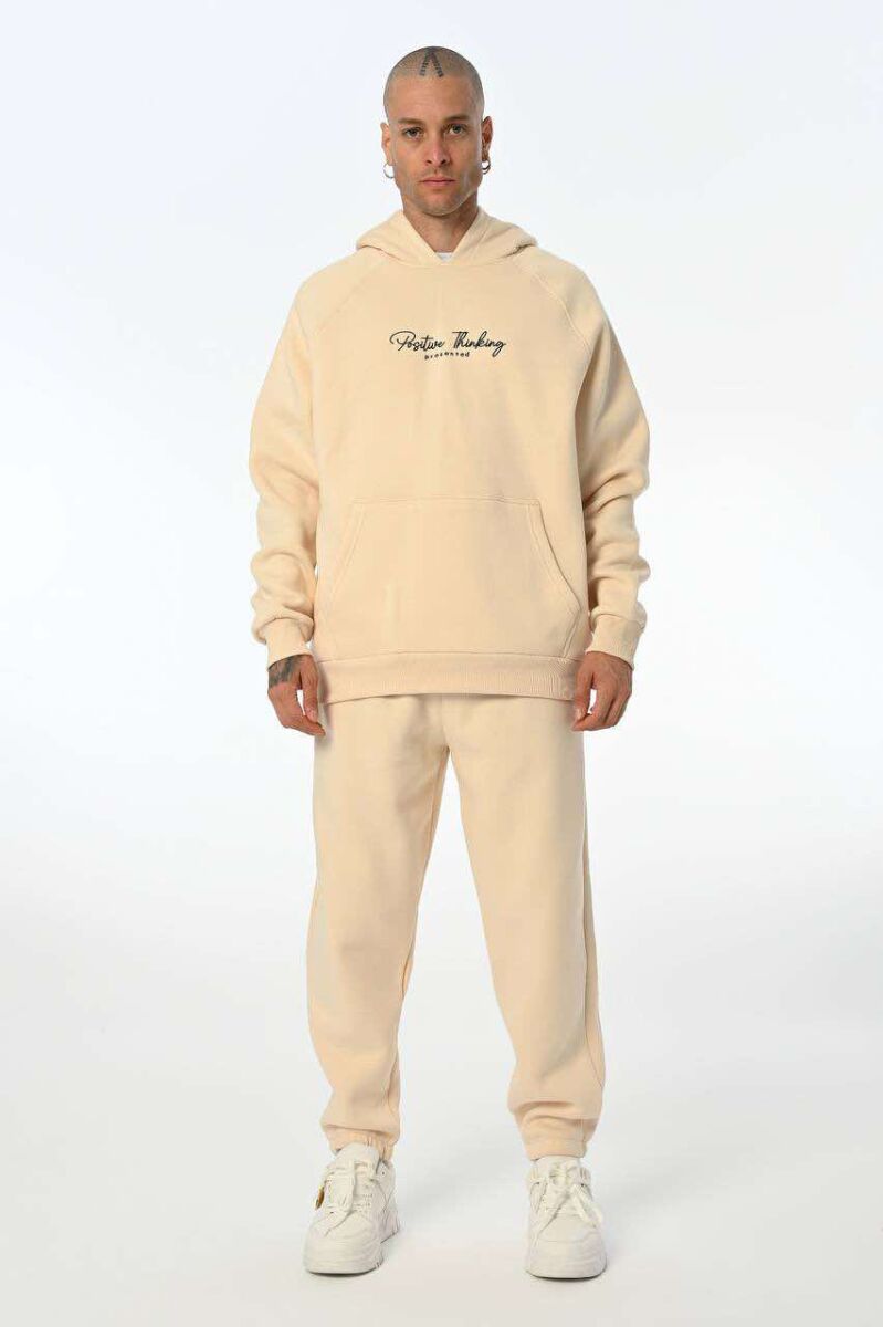 ONE COLOR FLUFFY HOODIE+JOGGERS MEN SET CREAM/KREM - 1