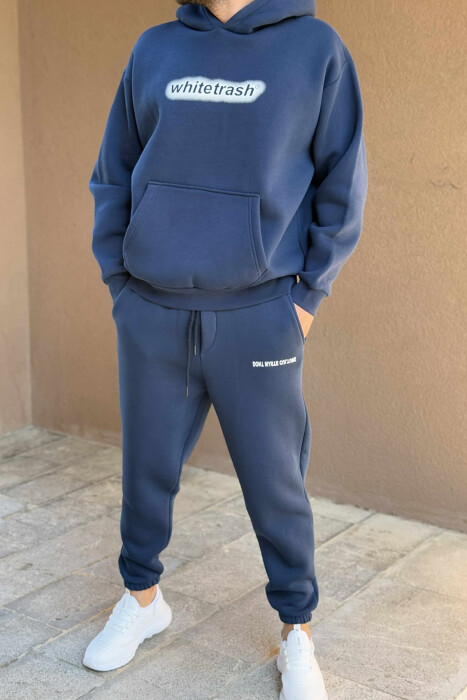 ONE COLOR FLUFFY HOODIE+JOGGERS MEN SET DARK BLUE/BEE - 1
