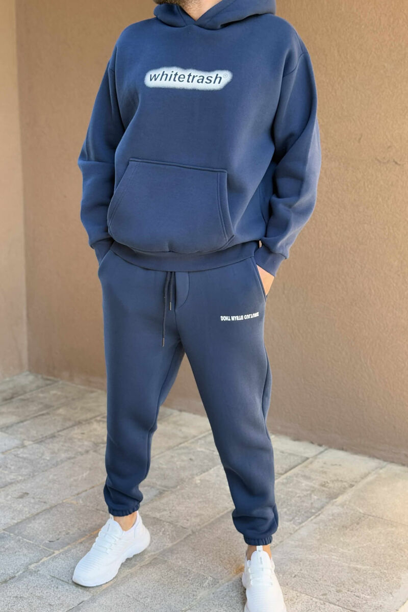 ONE COLOR FLUFFY HOODIE+JOGGERS MEN SET DARK BLUE/BEE - 1