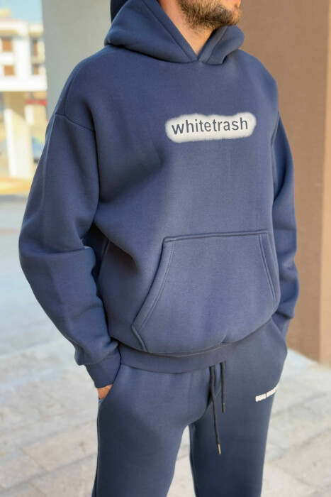 ONE COLOR FLUFFY HOODIE+JOGGERS MEN SET DARK BLUE/BEE - 2