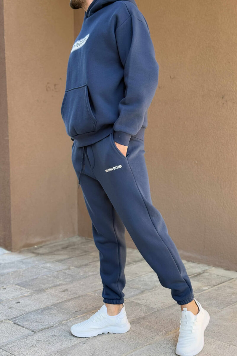 ONE COLOR FLUFFY HOODIE+JOGGERS MEN SET DARK BLUE/BEE - 3