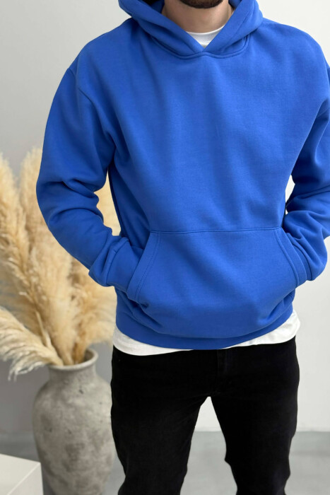 ONE COLOR FLUFFY MEN HOODIE BLUE/BLU - KLAUDIO FASHION