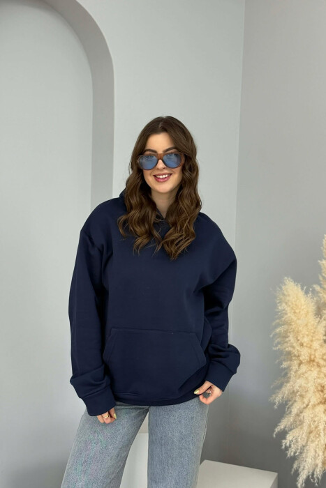 ONE COLOR FLUFFY WOMEN HOODIE DARK BLUE/BEE 